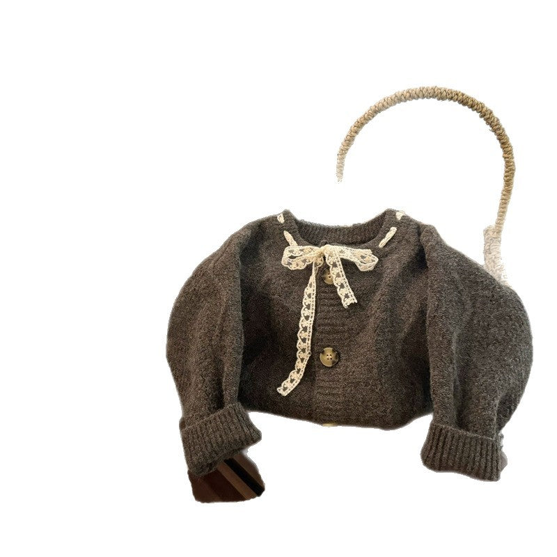 Korean-style Baby Ruffled Forest-themed Knit Sweater Autumnwinter Lace-trimmed Tie-up Sweater For Little Girls