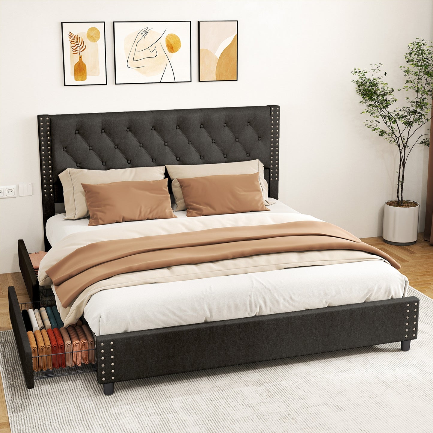 King Size Bed Frame With Upholstered Button Tufted Headboard Wood Slat Support Metal Platform Bed Frame With 4 Drawers No Box Spring Needed Easy Assembly For Home