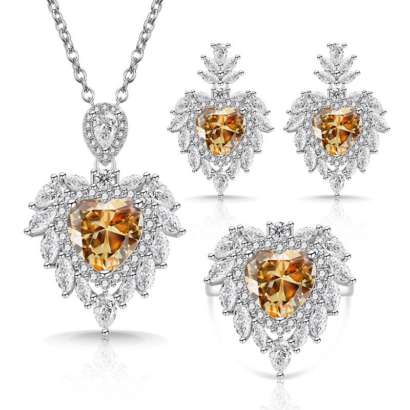 New Trendy Live Stream Hot Selling High End Heart Shaped Zircon Jewelry Set Earrings, Rings, Necklaces And Pendants
