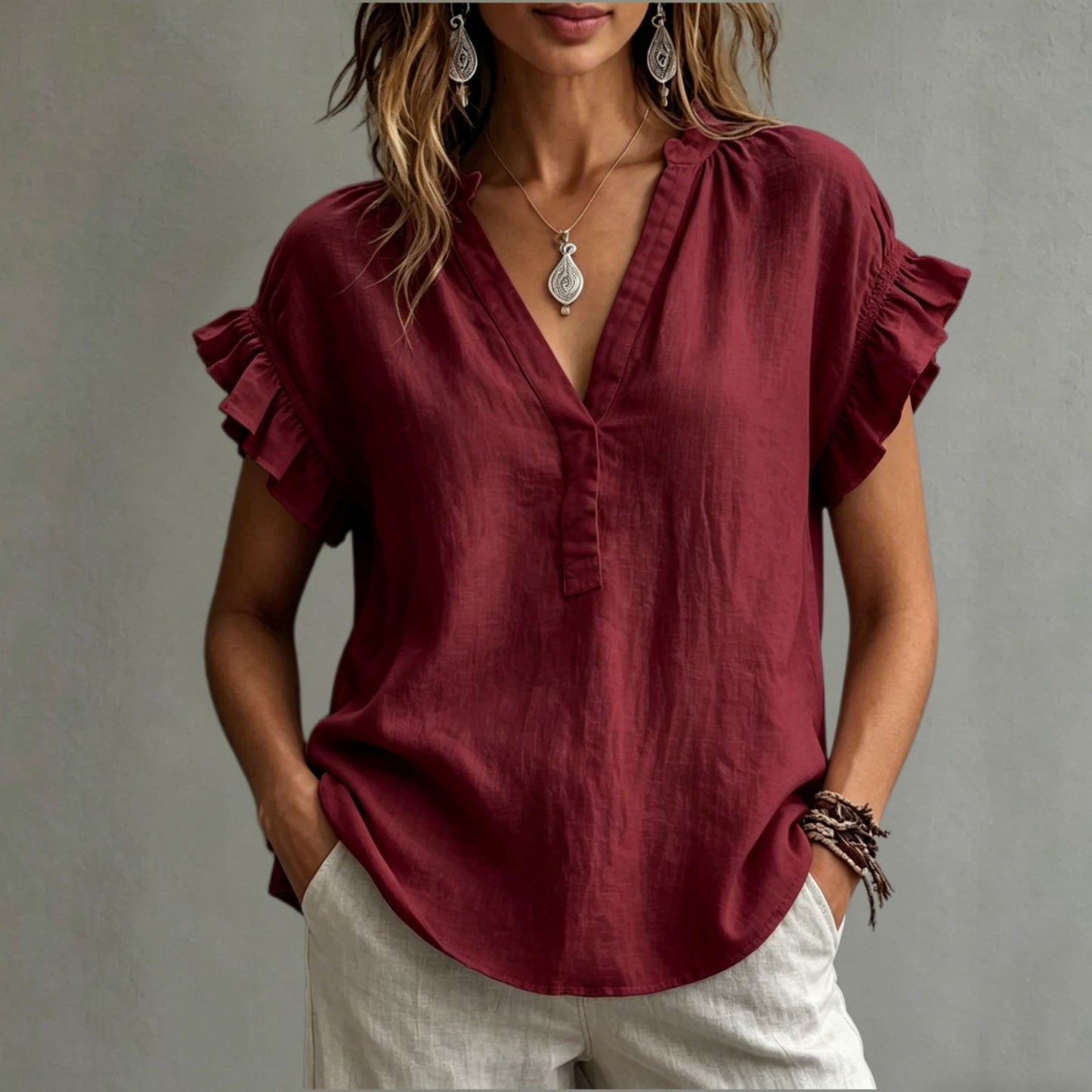 Women's Casual V-Neck Cotton-Linen Blouse Top Summer Ruffle Short-Sleeve Solid Color Office Daily Wear Shirts