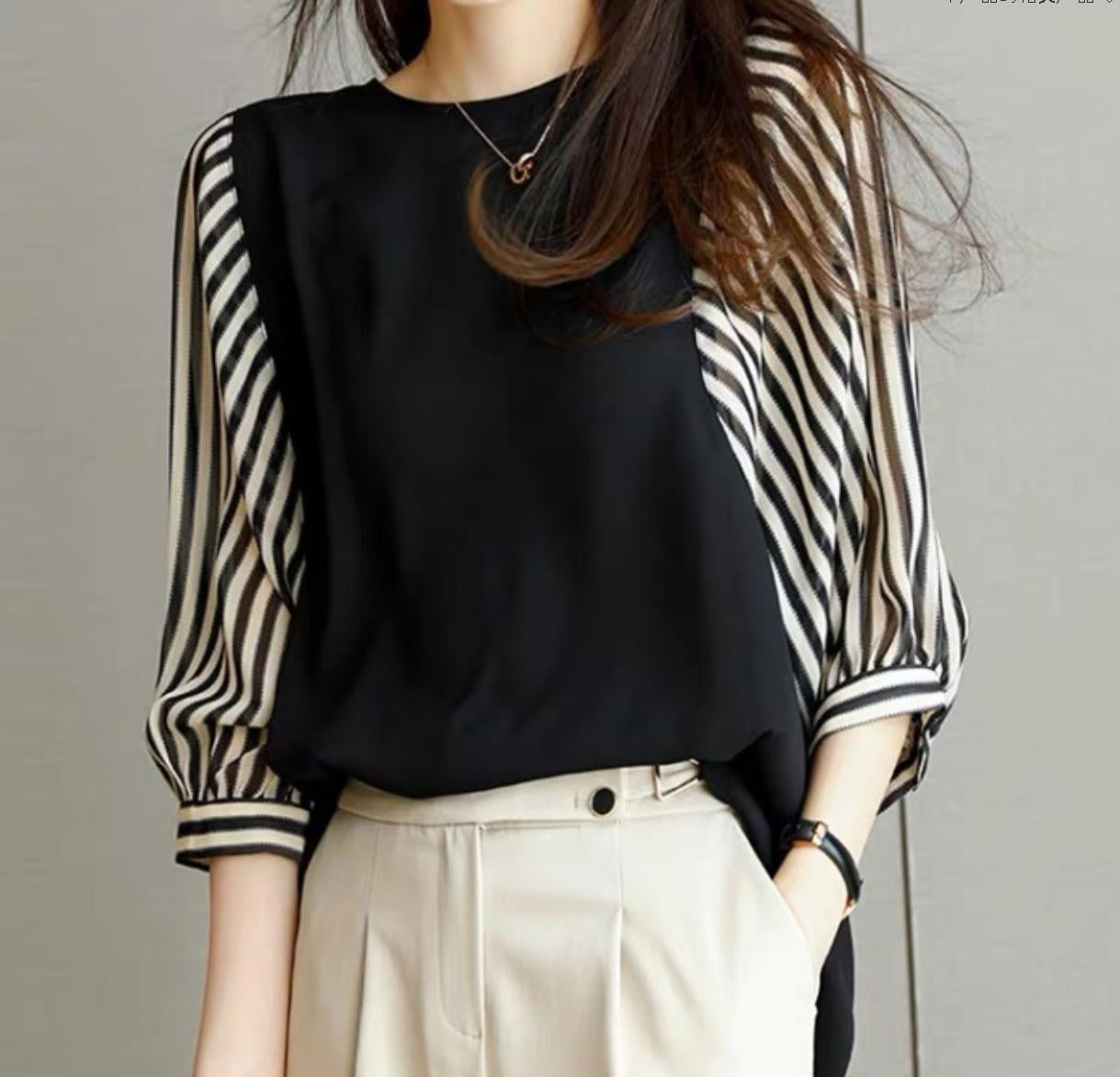 Japanese And Korean Women's Summer Color-blocked Loose Round-neck Top