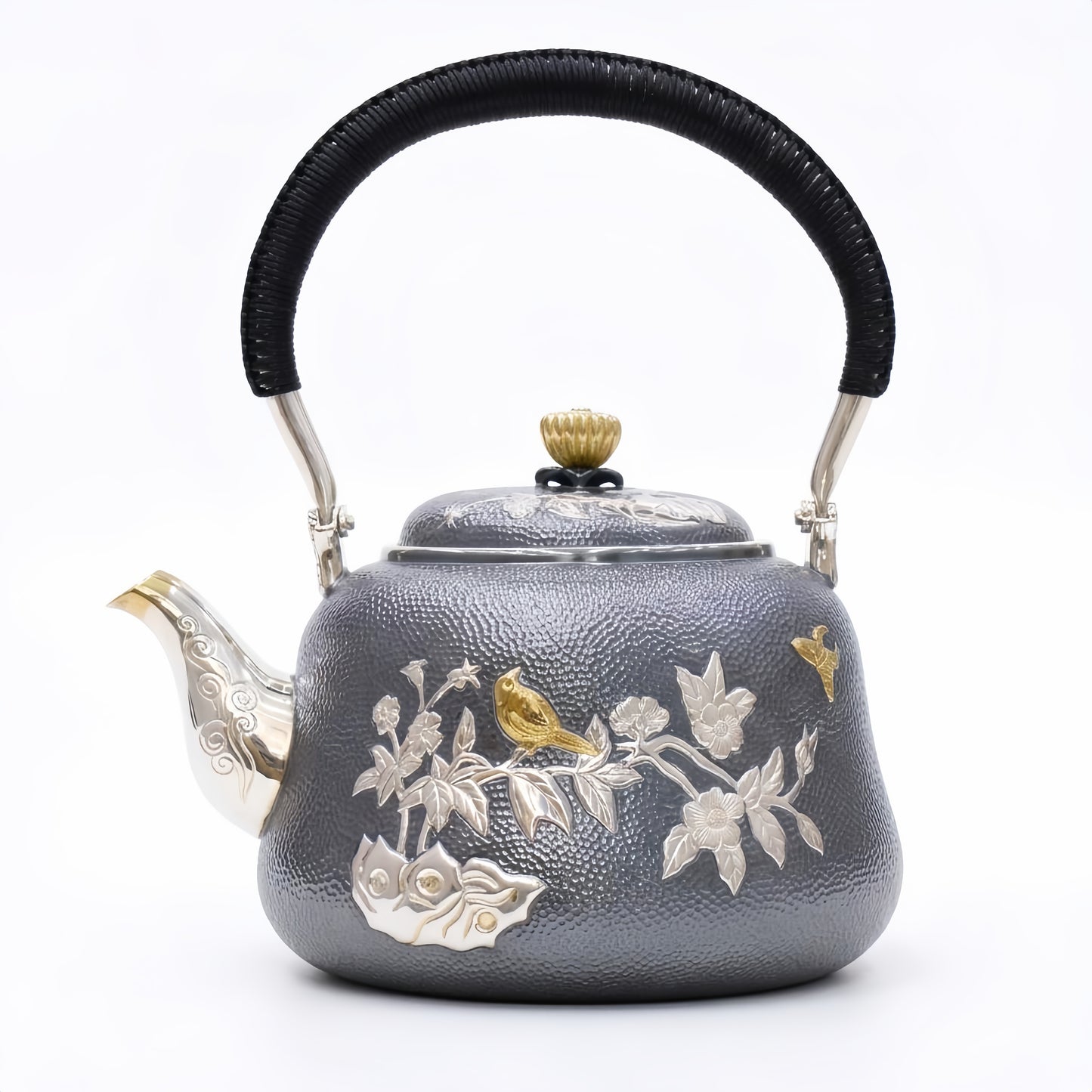 925 Sterling Silver Elegant Hammered Silver Tea Kettle Featuring Gilded Bird and Floral Motifs - Handicraft