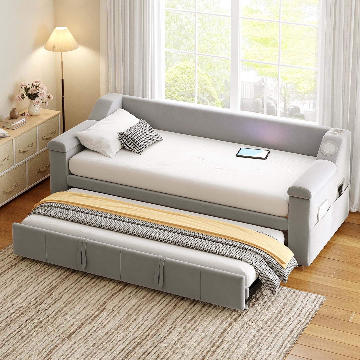 Upholstered Bed Sofa Bed, 90 180x190 Cm, Armrests Wider And Thicker, With Smart Bluetooth Stereo System With USB Charging Port, With Storage Compartments, With Slatted Base, Velvet Fabric, Light Grey