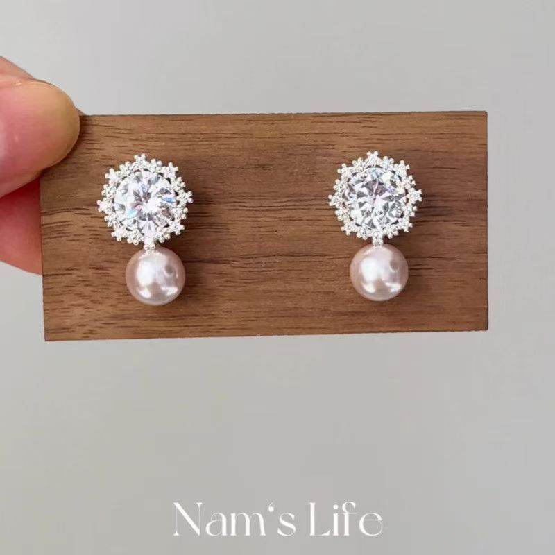 Super Sparkling Zircon Cranberry Pearl Earrings, Niche Korean Cold Elegant Style Ear Jewelry For Women