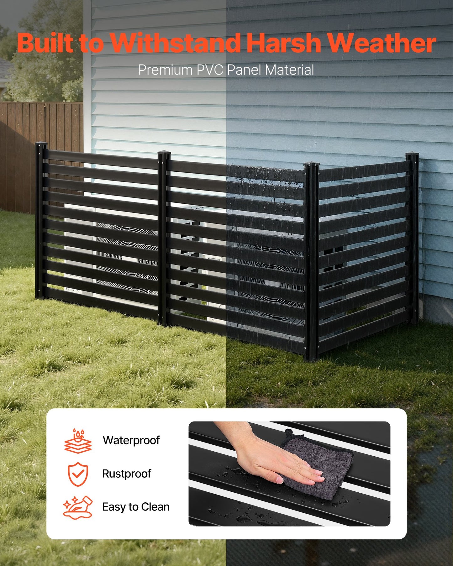 3 Panels Outdoor Privacy Screen, 50 X 48 In Air Conditioner Fence With 27.6 In Ground Stakes, Pool Equipment Enclosure, Vinyl Privacy Fence, Ideal For Trash Can And A/C Units, Black