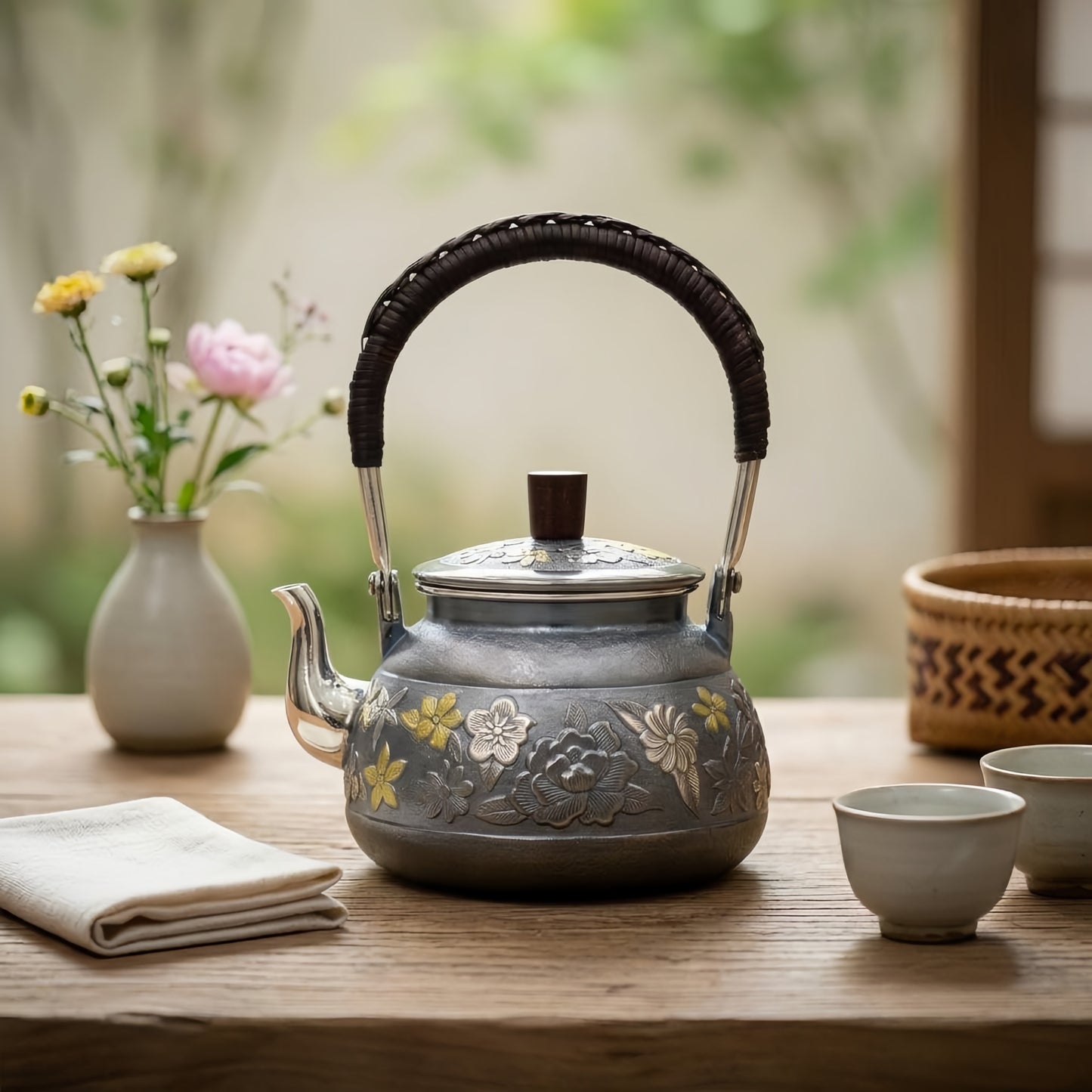 925 Sterling Silver Elegant Metallic Tea Kettle with Intricate Floral Relief and Hand-Woven Rattan Handle - Handicraft