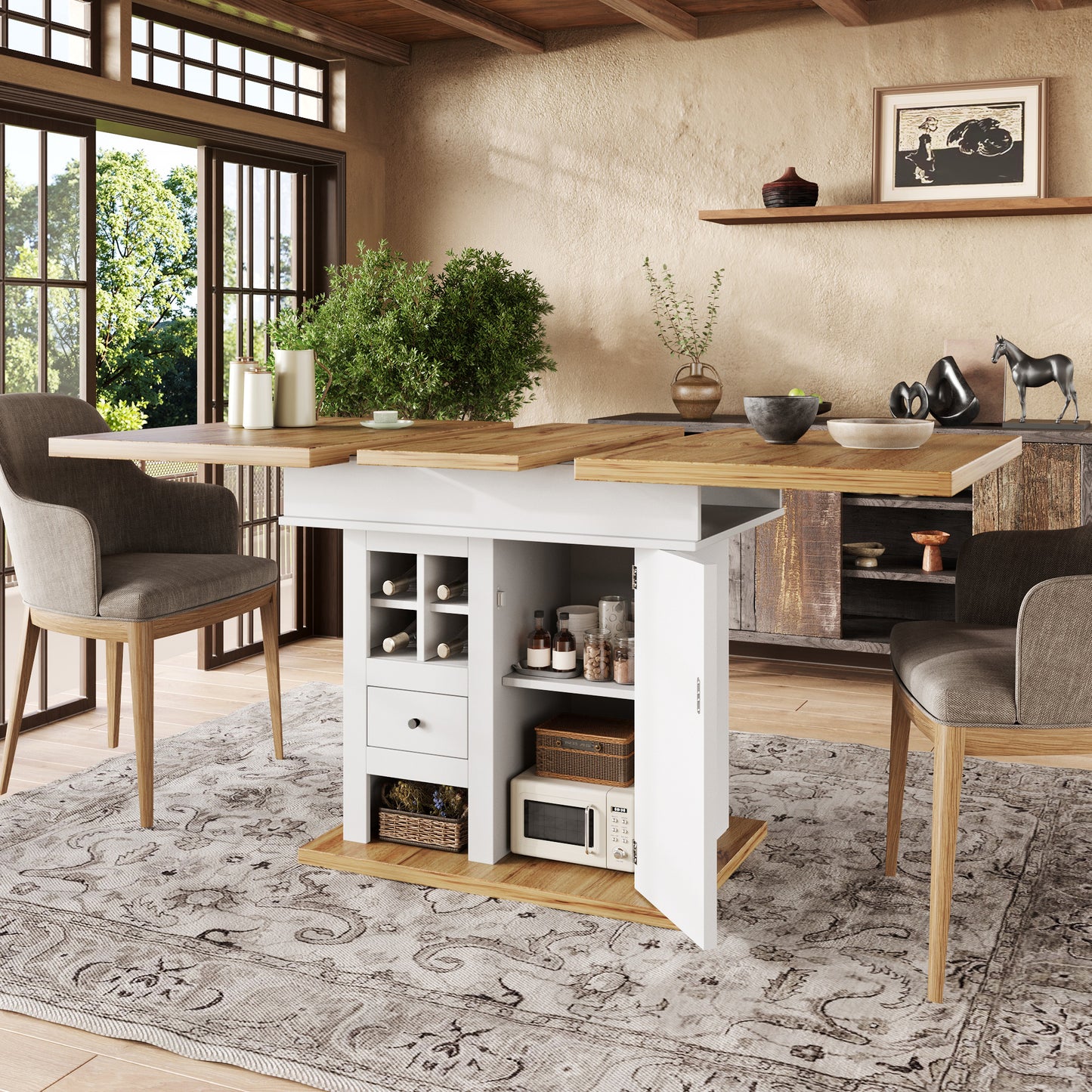 Telescopic Dining Table 110-140x80cm , Foldable Kitchen Table For 4-6 People, Extendable Dining Table, Space-saving Kitchen Table, For Kitchen And Living Room, Dining Table With Wine Rack And Drawers