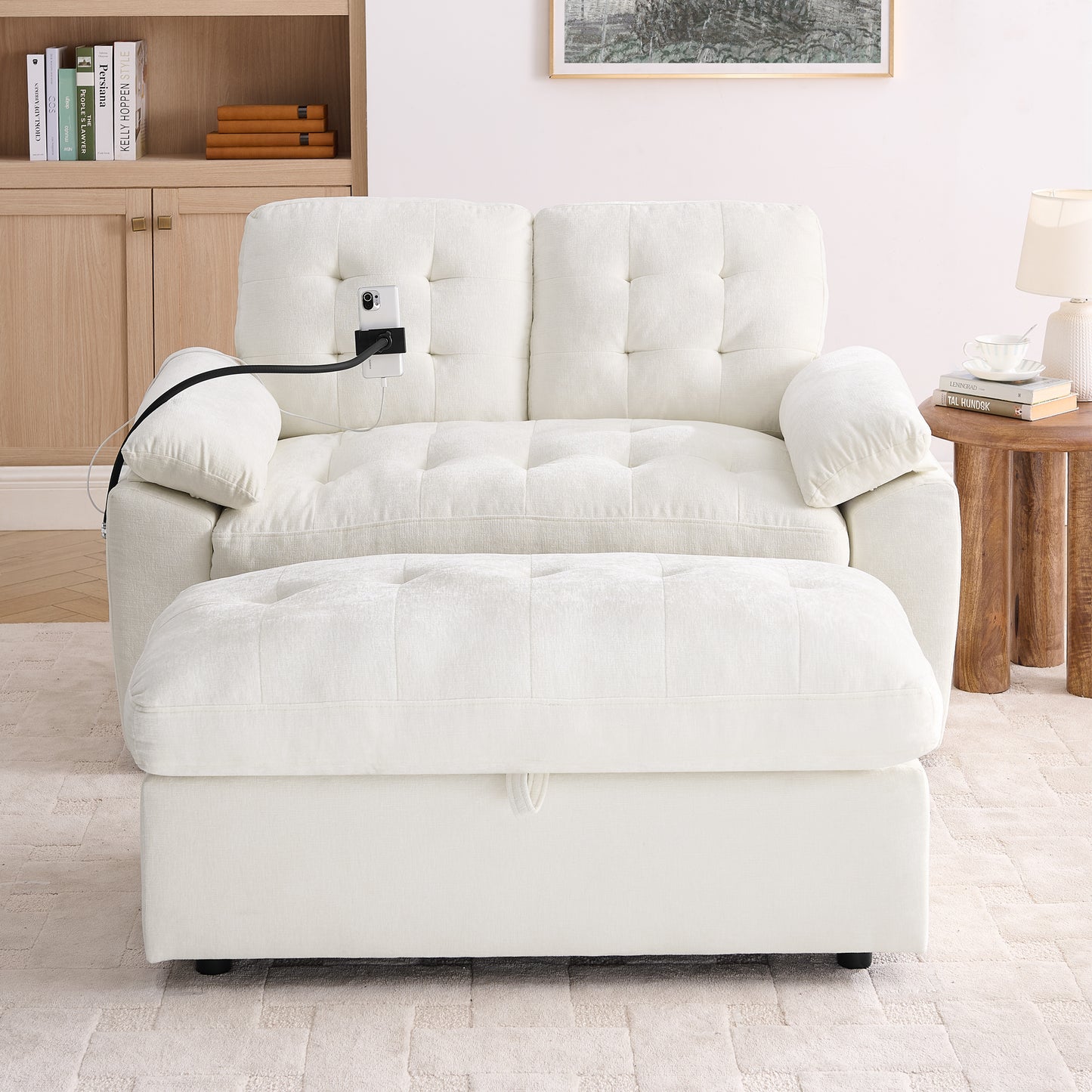 Leisure Sofa Chair,Double Sofa Recliner, With Manually Adjustable Backrest, Soft Padded Armrests, Side USB Charging Port And Phone Stand, Comes With A Matching Storage Ottoman-Beige