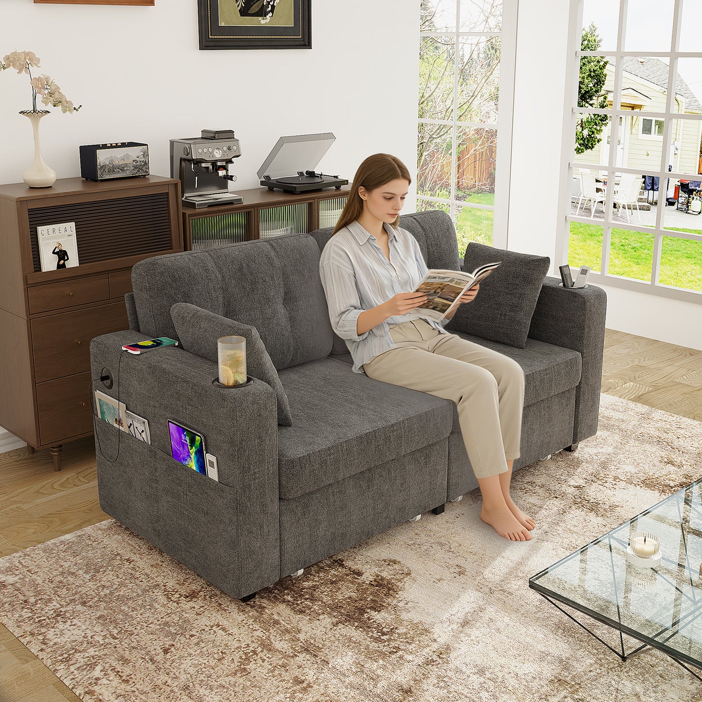 Two-seater Sofa With Two Storage Drawers And USB Charging Ports, With Cup Holders And Side Pockets, Equipped With Hidden Storage Compartments. Suitable For Living Rooms, Apartments And Reading Corners