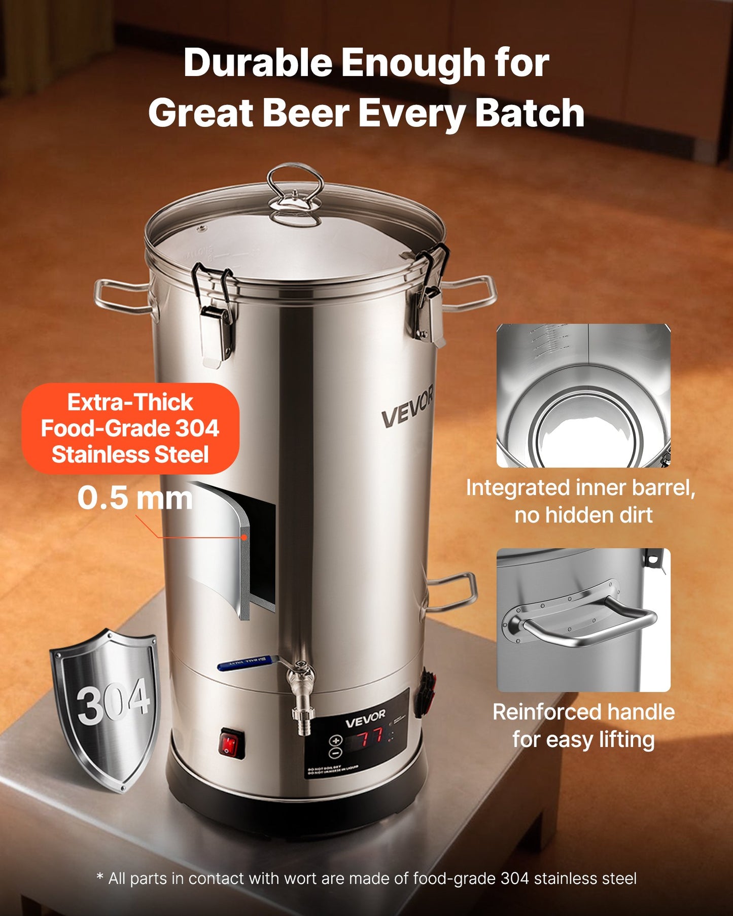 Beer Brewing Equipment, 8 Gal/30L 304 Stainless Steel Home Beer Brewer,1500W All-in-One Home Brewing Kit With Tall Strainer, Integrated Inner Barrel & Reinforced Handle