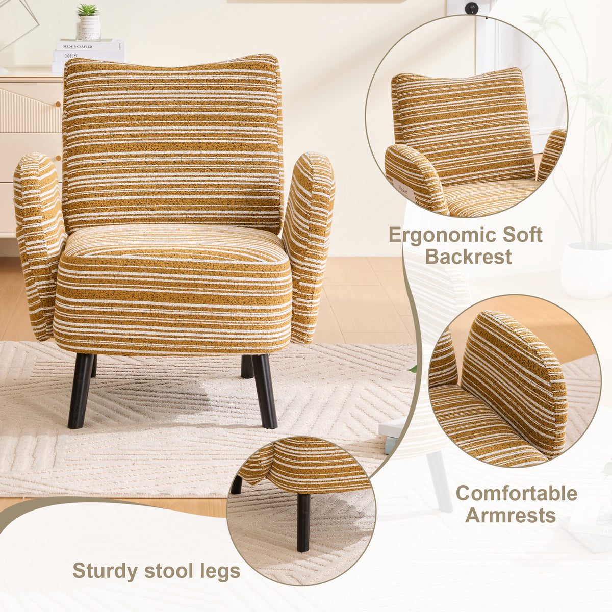 Modern Style Armchair With Sanded Fabric, Side Storage Pocket, Solid Wood Legs, Comfortable Reading Chair For Living Room, Bedroom, Office