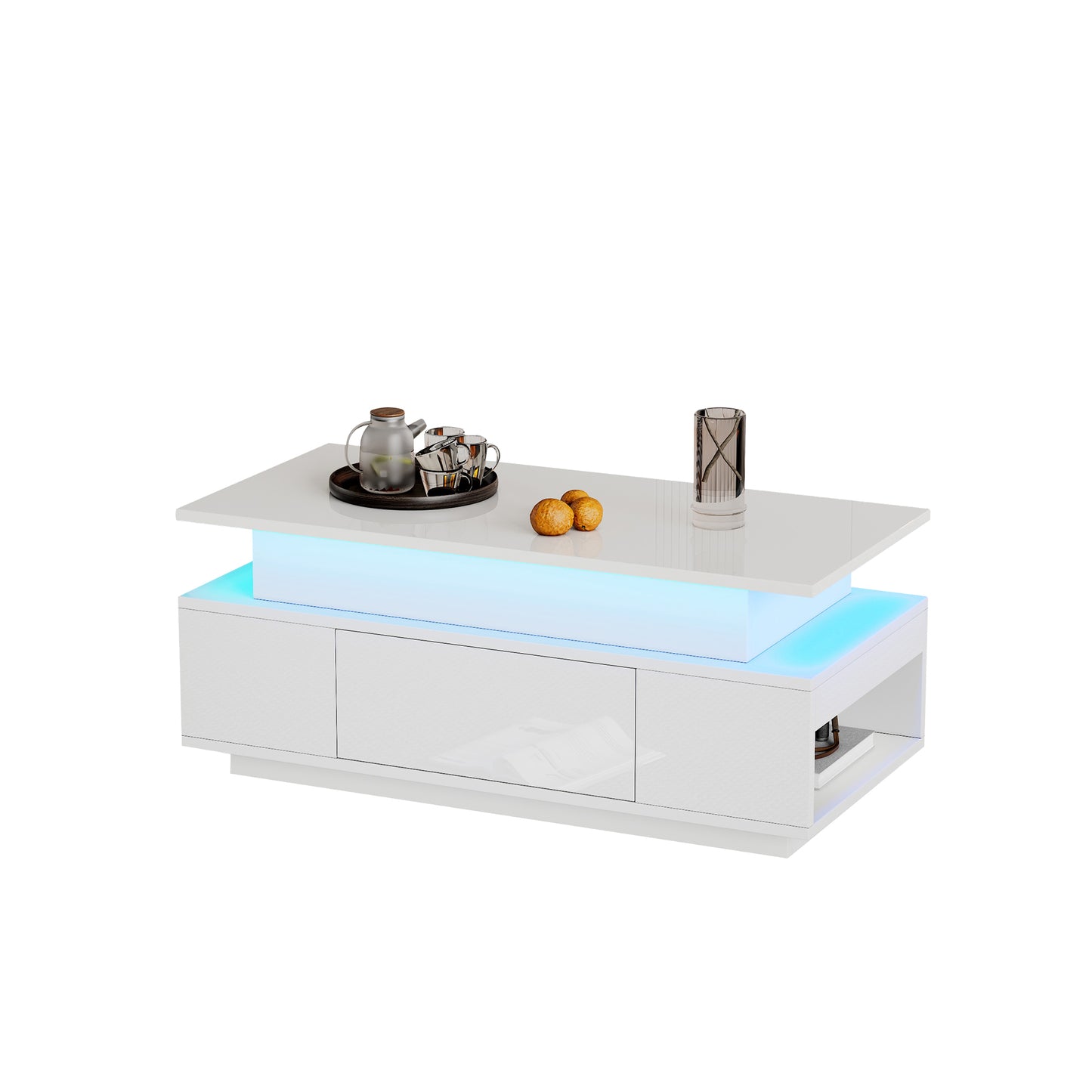 Height Adjustable Coffee Table With Hidden Storage And Drawer, 96x45x40cm High Gloss Living Room Table, LED Sofa Table, Suitable For Office, Study, Party, White