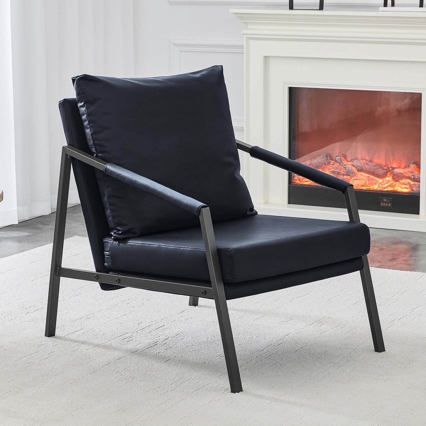Modern Faux Leather Accent Chair, Upholstered Single Sofa Armchair With Sturdy Black Metal Frame, Industrial Lounge Reading Chair For Living Room Bedroom Office Waiting Room, Black