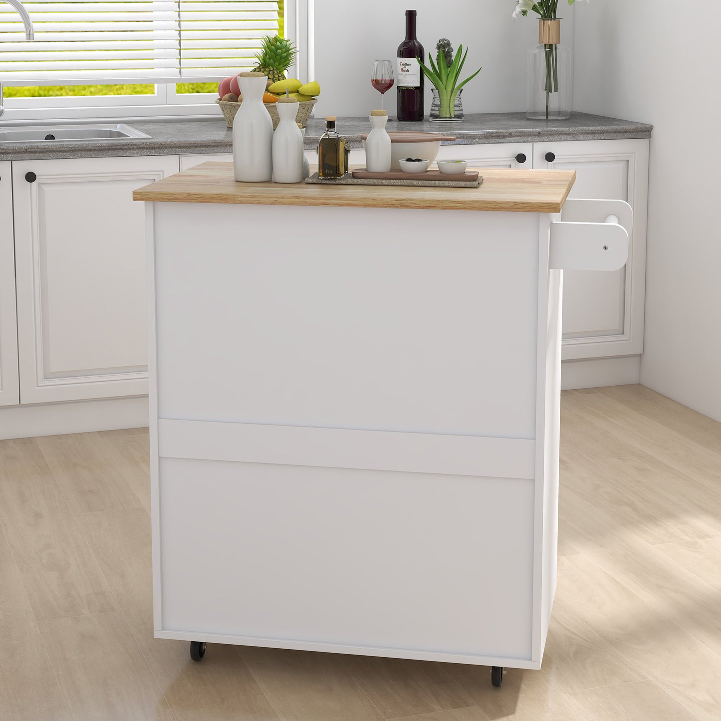 Kitchen Island Rolling Trolley Cart With Adjustable Shelves And Towel Rack Rubber Wood Table Top
