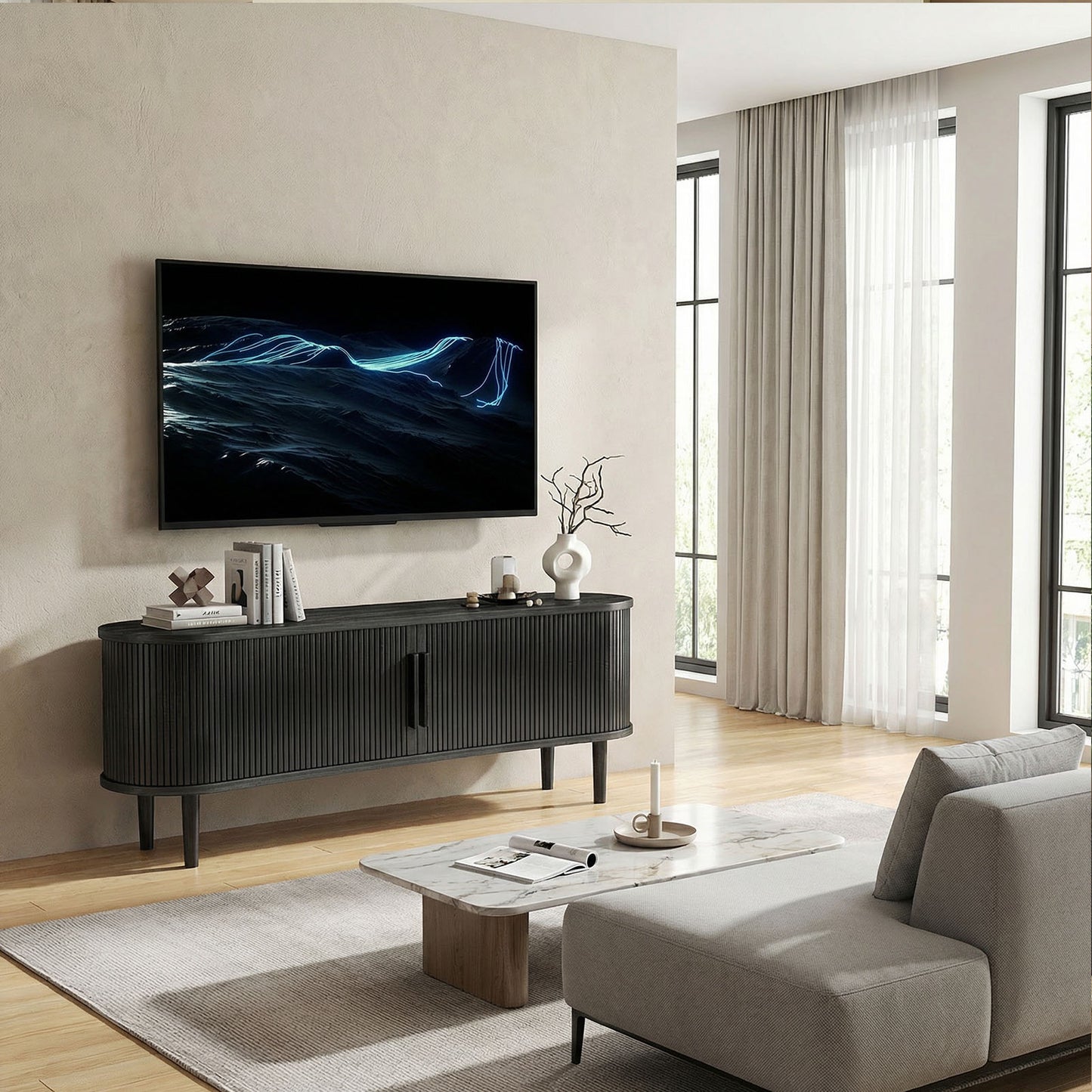 63in Fluted TV Stand Modern Media Console Table Entertainment Center With Sliding Door And Solid Wood Legs For Living Room Bedroom Office Black