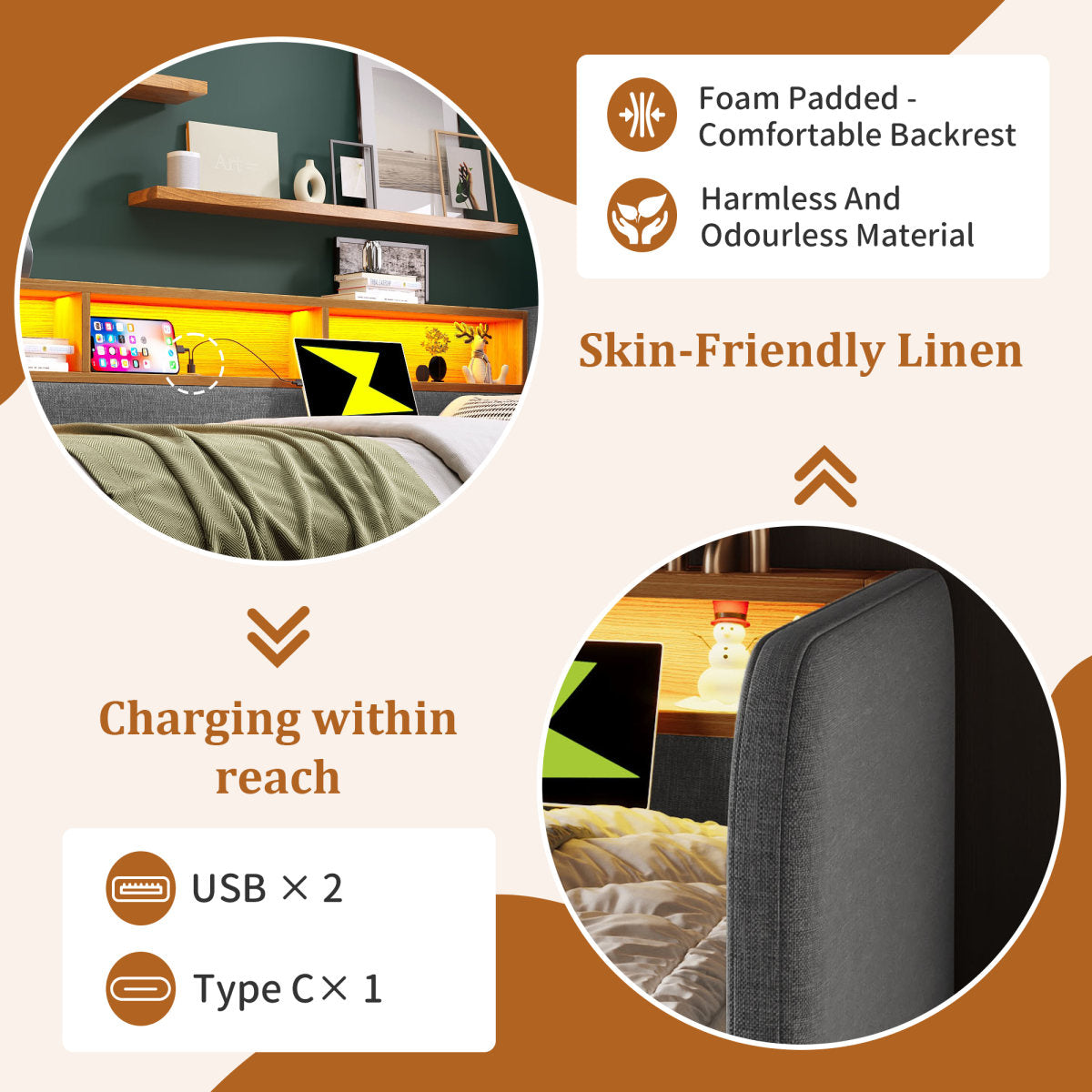 Upholstered Daybed With Headboard Storage, 90 X 190 Cm Single Sofa Bed With LED And USB Type-C Reading Light, 3FT Daybed With 2 Drawers, Linen, Grey Without Mattress