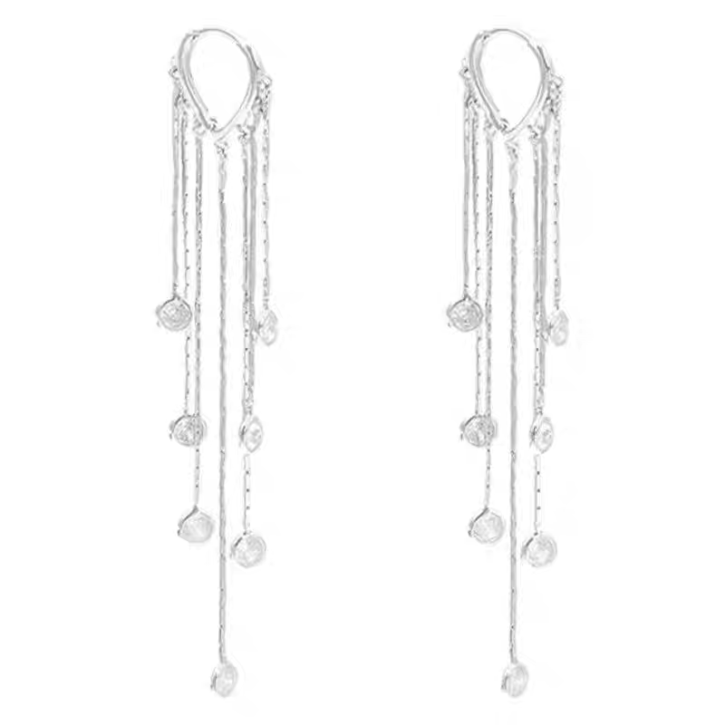 1 Pair 999 Sterling Silver Long Tassel Crystal Earrings, Luxurious Elegant Style, Perfect For Parties & Valentine's Gifts