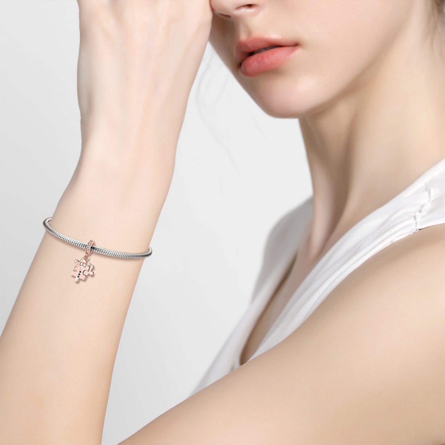 S925 Sterling Silver Rose Gold Puzzle Dangle Charm Valentine's Day Love Pendant Bead For DIY Charm Bracelet Necklace Jewelry Gift