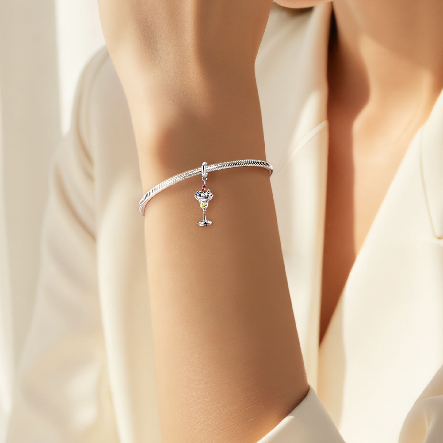 Champagne Cocktail Charm 925 Sterling Silver Stone Pendant Bead For DIY Charm Bracelet Necklace Party Jewelry Gift