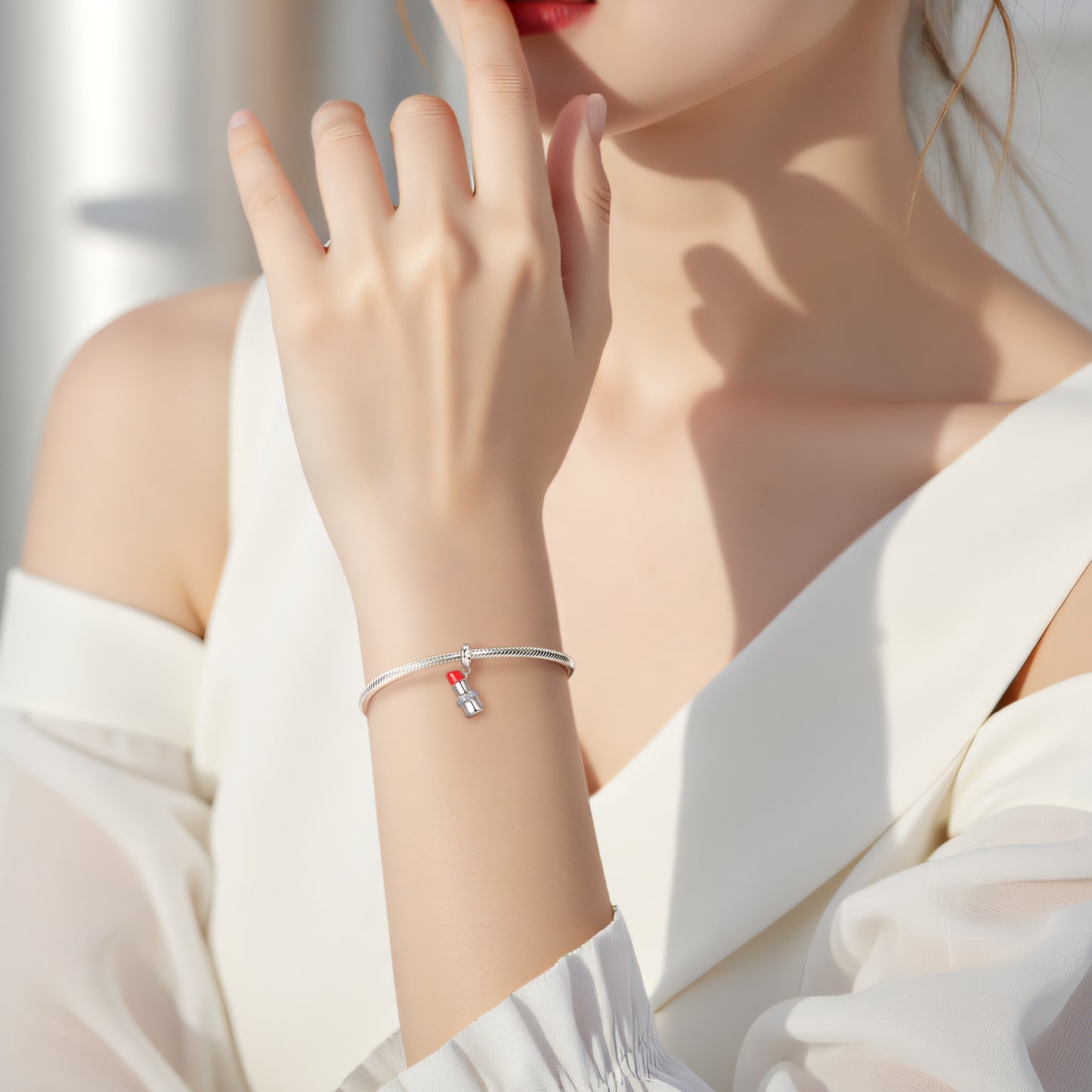 Silver Lipstick Charm 925 Sterling Silver Stone Enamel Pendant Bead For DIY Charm Bracelet Necklace Beauty Jewelry Gift