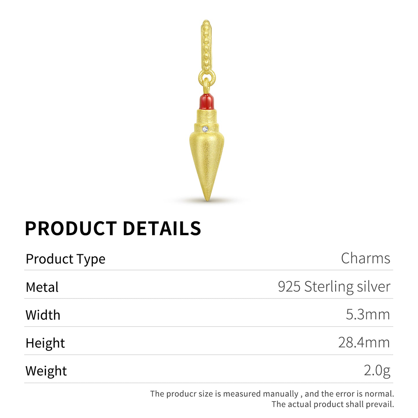 Luxury Lipstick Charm 925 Sterling Silver 14K Gold Plated Pendant Bead For DIY Charm Bracelet Necklace Beauty Jewelry Gift