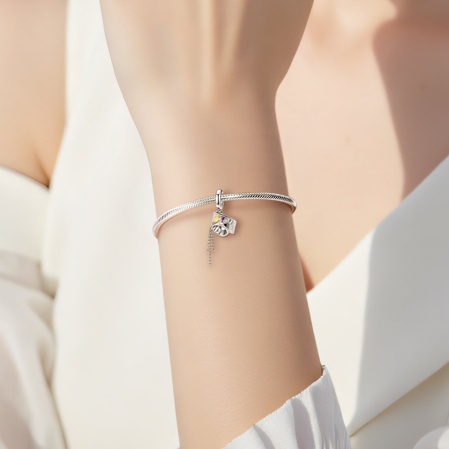 Floral Graduation Cap Charm 925 Sterling Silver Stone Pendant Bead For DIY Charm Bracelet Necklace Graduation Jewelry Gift