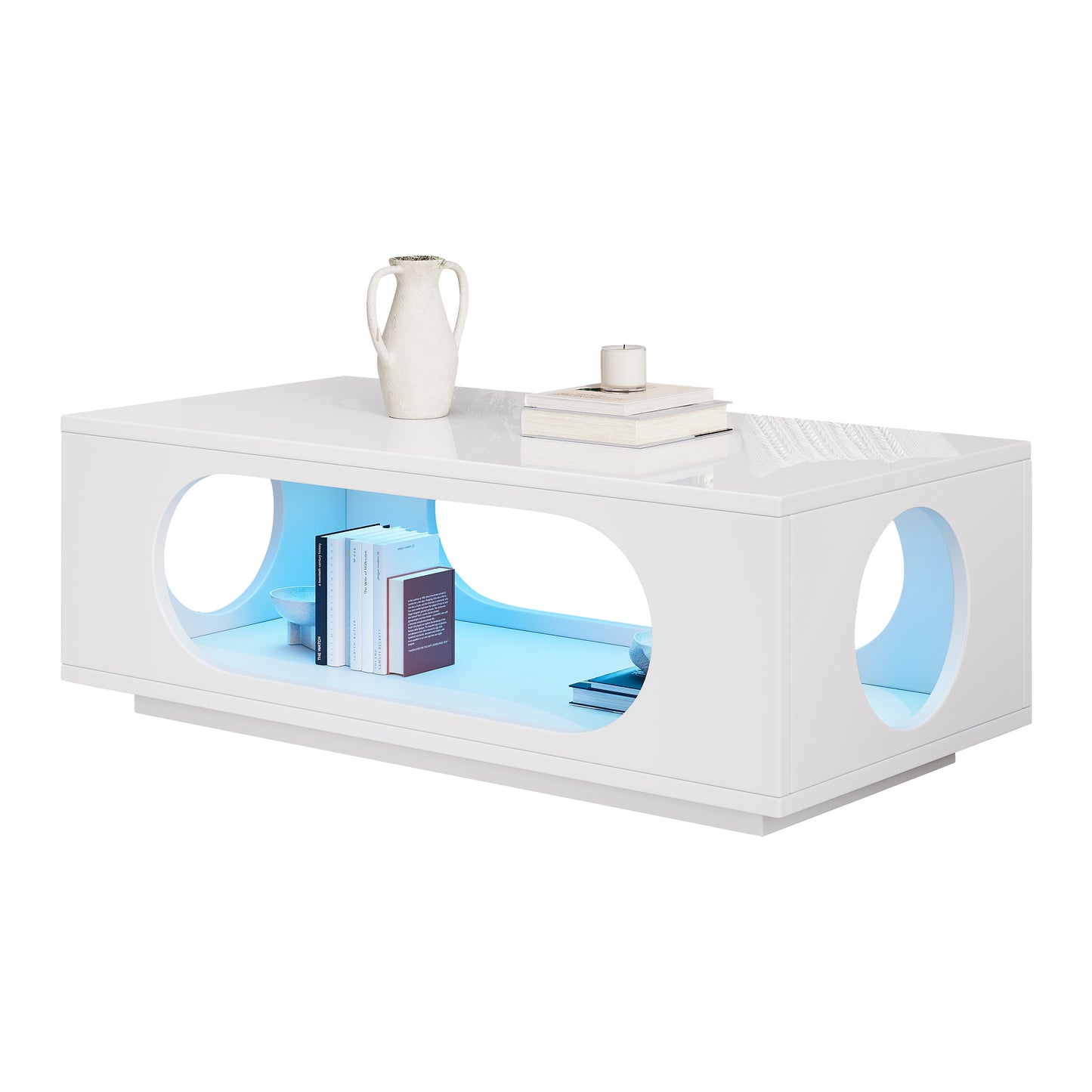 Coffee Table With LED Lighting App Control , 100x50x35cm, MDF Material, 30kg Load Capacity,High Gloss Openwork Coffee Table,Large Storage Side Table,Sofa Table,White