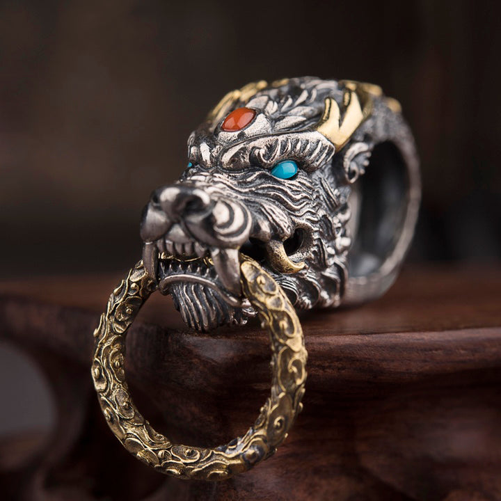 1pcs 925 Sterling Silver Dragon Head Keychain, Retro Punk Style, For Daily Use & Car Key Holder, Unique Gift For Men
