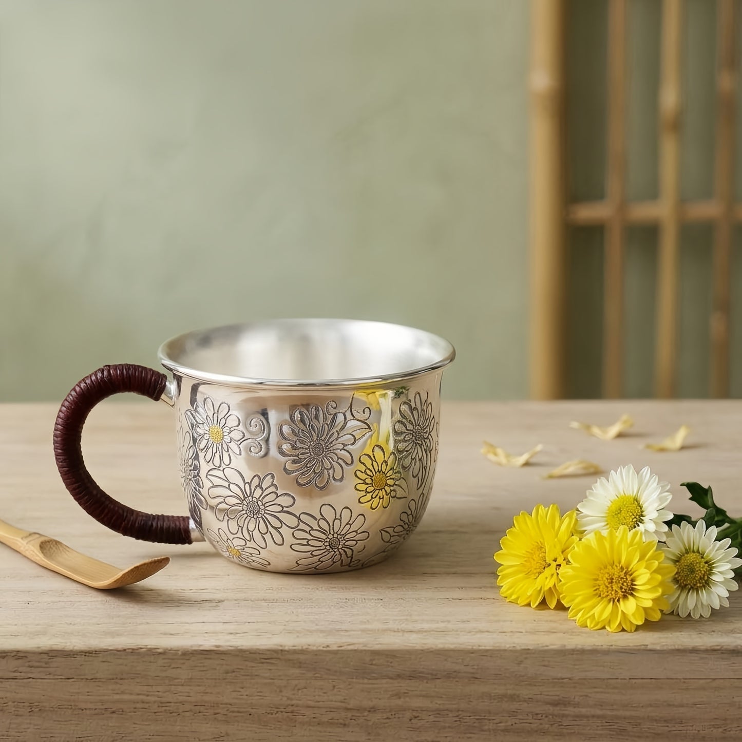 Pure 999 Fine Silver Elegant Silver Floral Engraved Tea Mug with Woven Cord Handle - Handicraft