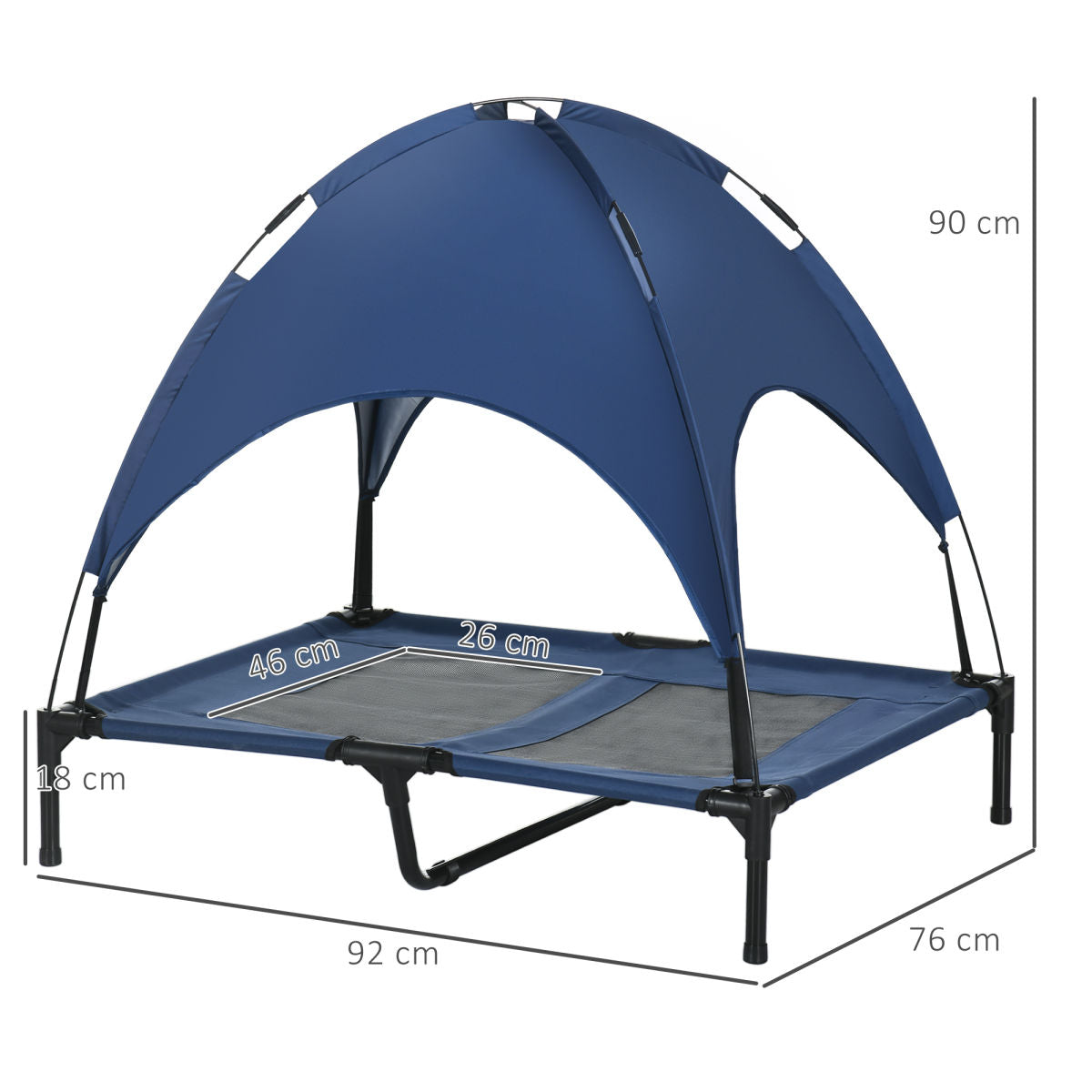 PawHut Raised Dog Bed Waterproof Elevated Pet Cot With Breathable Mesh UV Protection Canopy Blue, For Large Dogs, 92 X 76 X 90cm