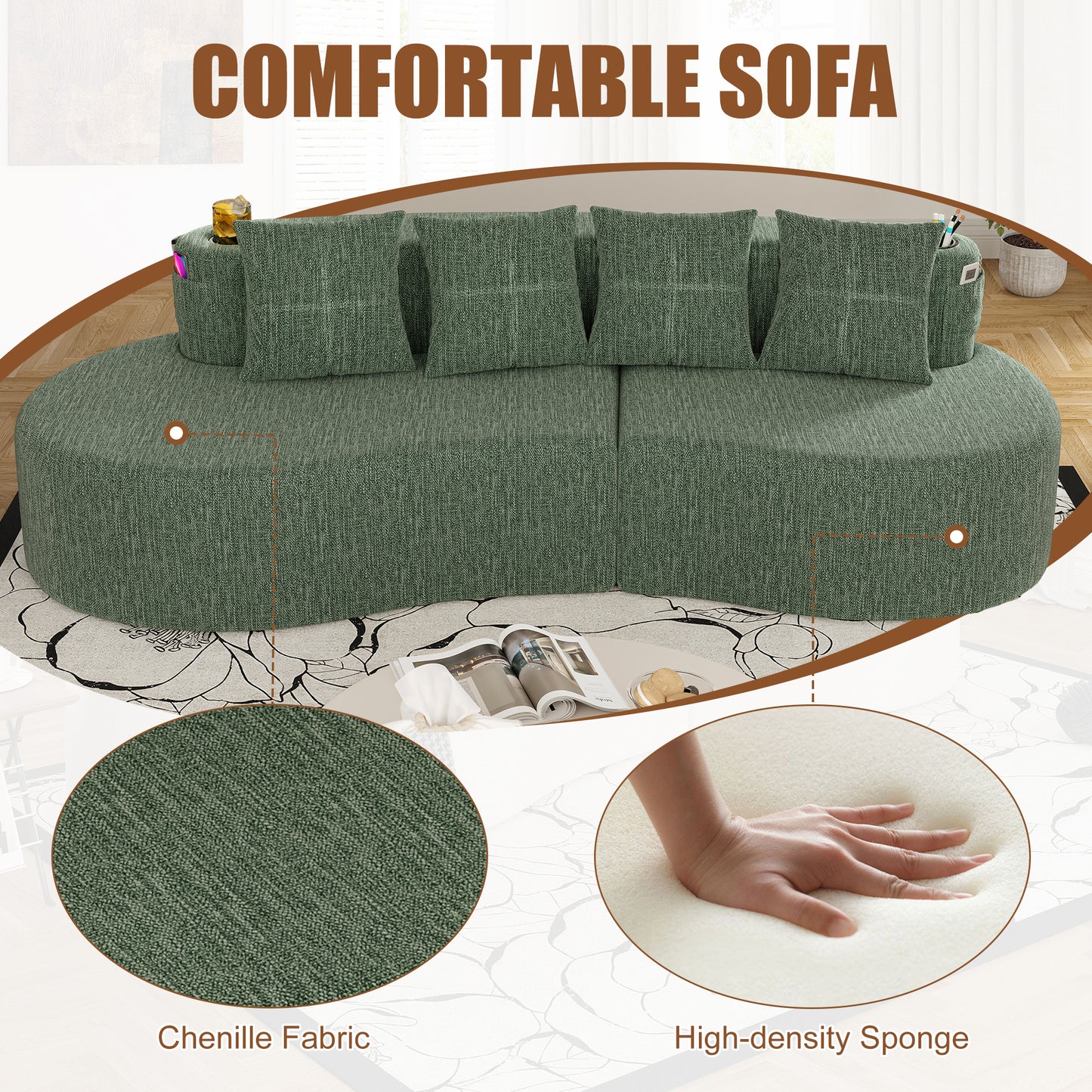 Modern Curved Sectional 3 Seat Minimalist Elegant Half Moon Sofa Compressed Modular Sectional Sofa For Living Room, Office, Apartment