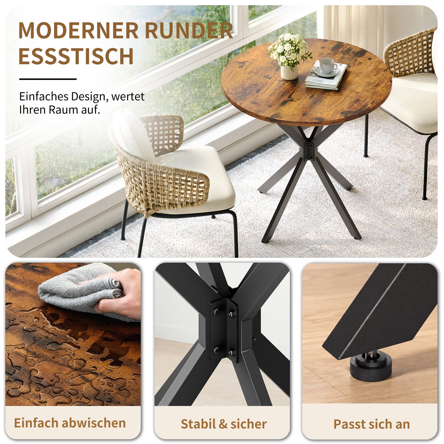 Round Dining Table Industrial Style 80 Cm With X-Feet Vintage Brown Black Kitchen Table Home Office