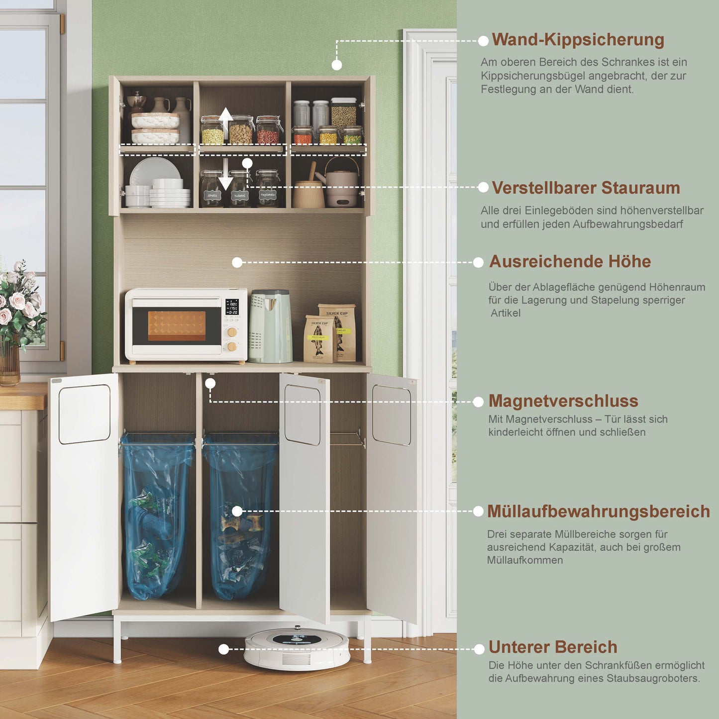 Trash Cabinet, Three-door Kitchen Cabinet In Lightwood-white, 181cm Tall Cabinet With Garbage Area, Microwave Compartment & Storage Space For Vacuum Cleaner, 80x35x181cm