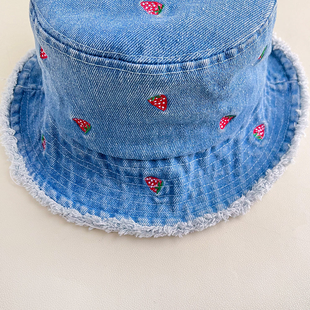 Retro Washed-edge Denim Fisherman Hat With Embroidered Strawberry Flowers And Washed-edge Trim. Outdoor Casual Sun Hat