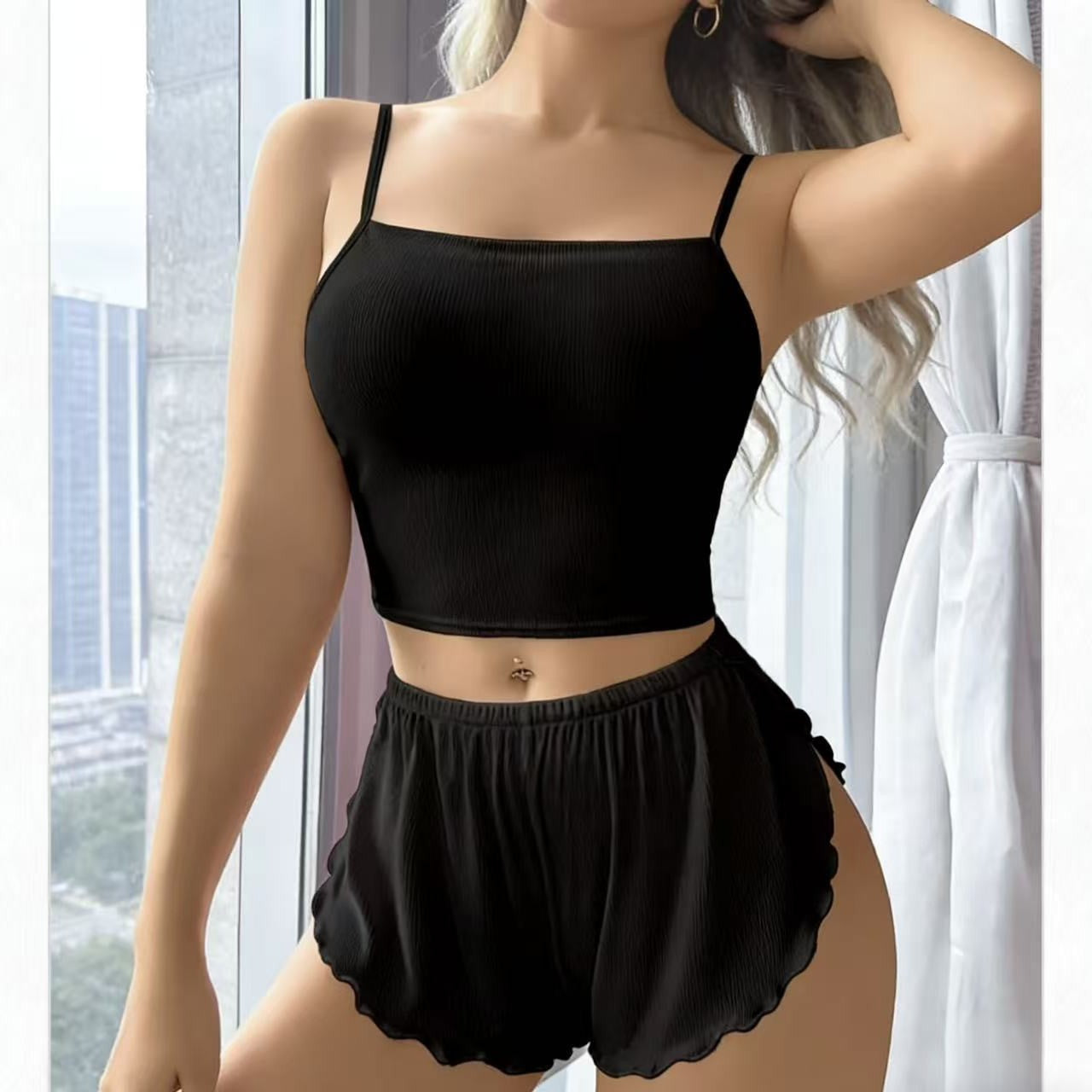 Womens Solid-Color Camisole And Shorts Set For Home Wear