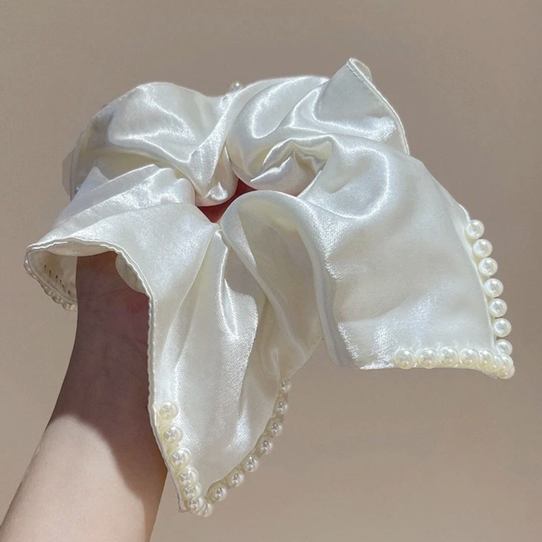 Satin square scarf and hair ring-white-fabric-1 piece