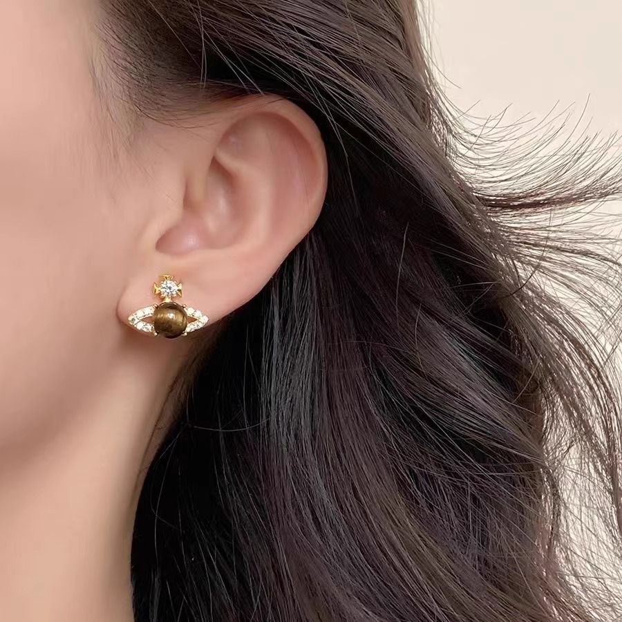 2026 New Hot Sale Saturn Stud Earrings For Women, Unique Fashion Tiger Eye Stone Earrings Niche Designer Luxury Ear Jewelry
