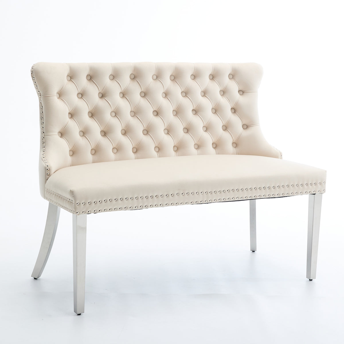 Velvet Double Dining Loveseat Bench, Kitchen & Dining Seating, 2-Seat Tufted Bench W Handmade Buttons, Wing Back, Brushed Silver Stainless Steel Legs, Mid Century Modern,Single Pack,Beige,SW1702BG