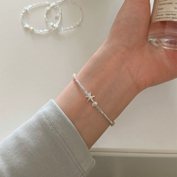 1 Piece 999 Sterling Silver Starfish Freshwater Pearl & Chip Bead Bracelet, Fresh & Elegant, Perfect For Daily, Dating & Gifting, Ideal Valentine's Gift