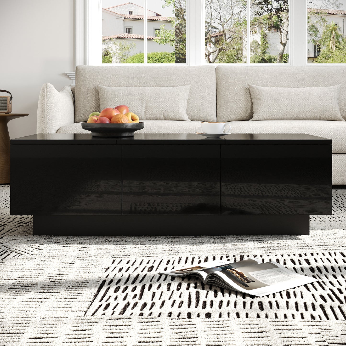 Modern Black High Gloss Coffee Table With Drawers And Sliding Compartment Rectangular Living Room Table With Large Storage Space, Stylish Design And Easy-care Surface
