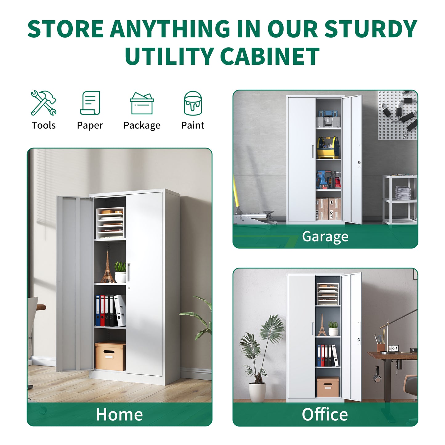71 H Metal Garage Storage Cabinet, White Tool Steel Locking Cabinet With Doors And 3 Adjustable Shelves, Tall Cabinets For Garage Storage Systems Lockable File Cabinet For Home Office,Classroom,Pantry