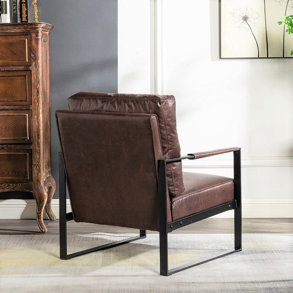Classic Mid Century Modern Accent Chair With Durable Square Metal Frame, Armchair For Living Room, Bedroom, Home Office In Spotted Microfiber Upholstery, Dark Brown