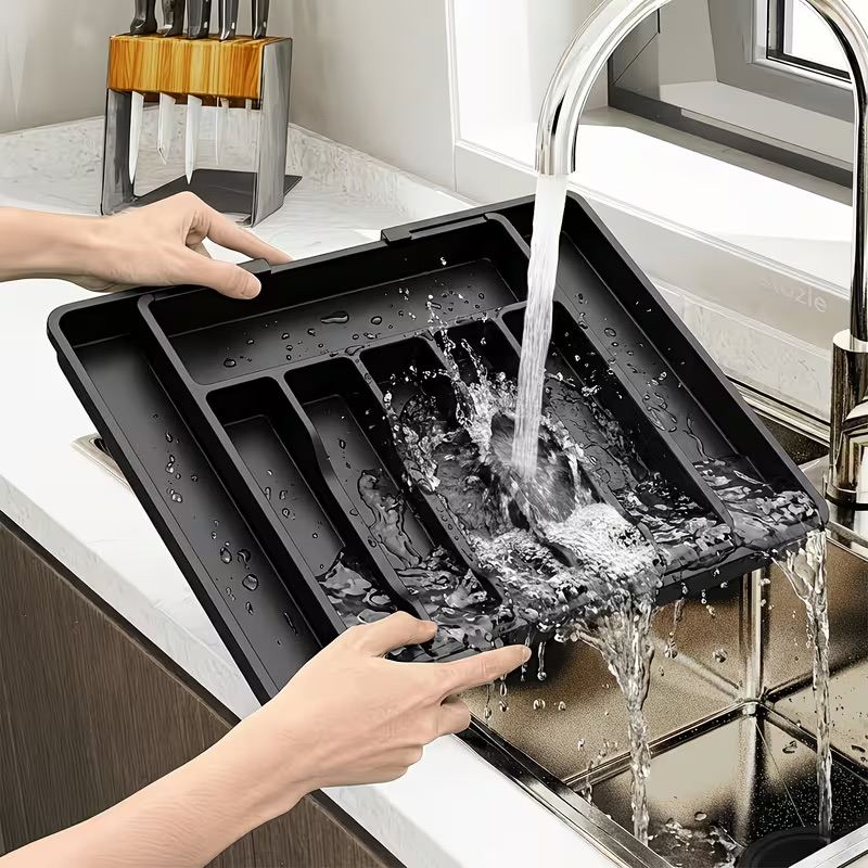 Expandable Utensil Tray For Kitchen, BPA Free Flatware And Cutlery Holder, Adjustable Plastic Storage For Spoons Forks Knives