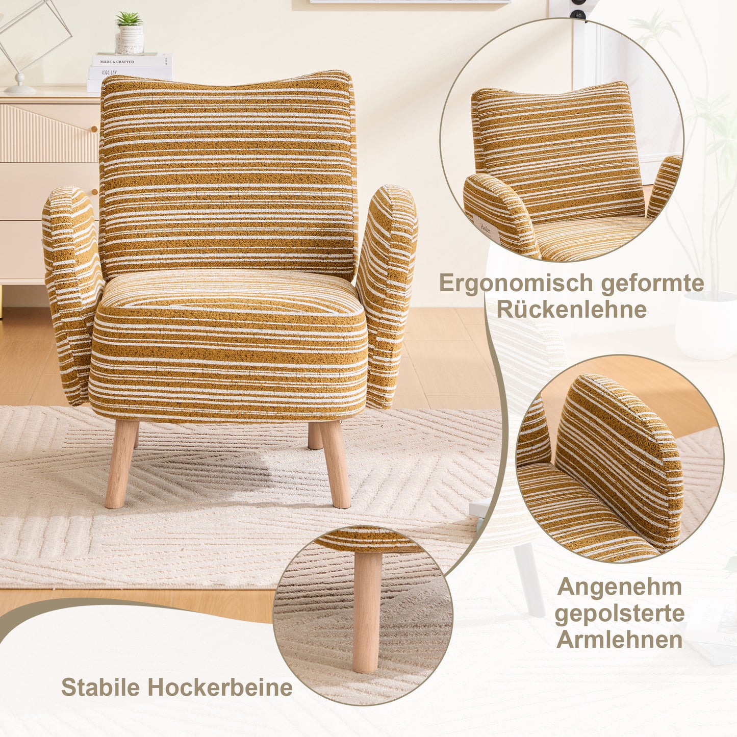 Modern Armchair, Fabric With Circle Pattern, With Side Pocket, Solid Wood Legs, Comfortable Reading Chair, Living Room, Bedroom, Office Mustard Yellow BouclE