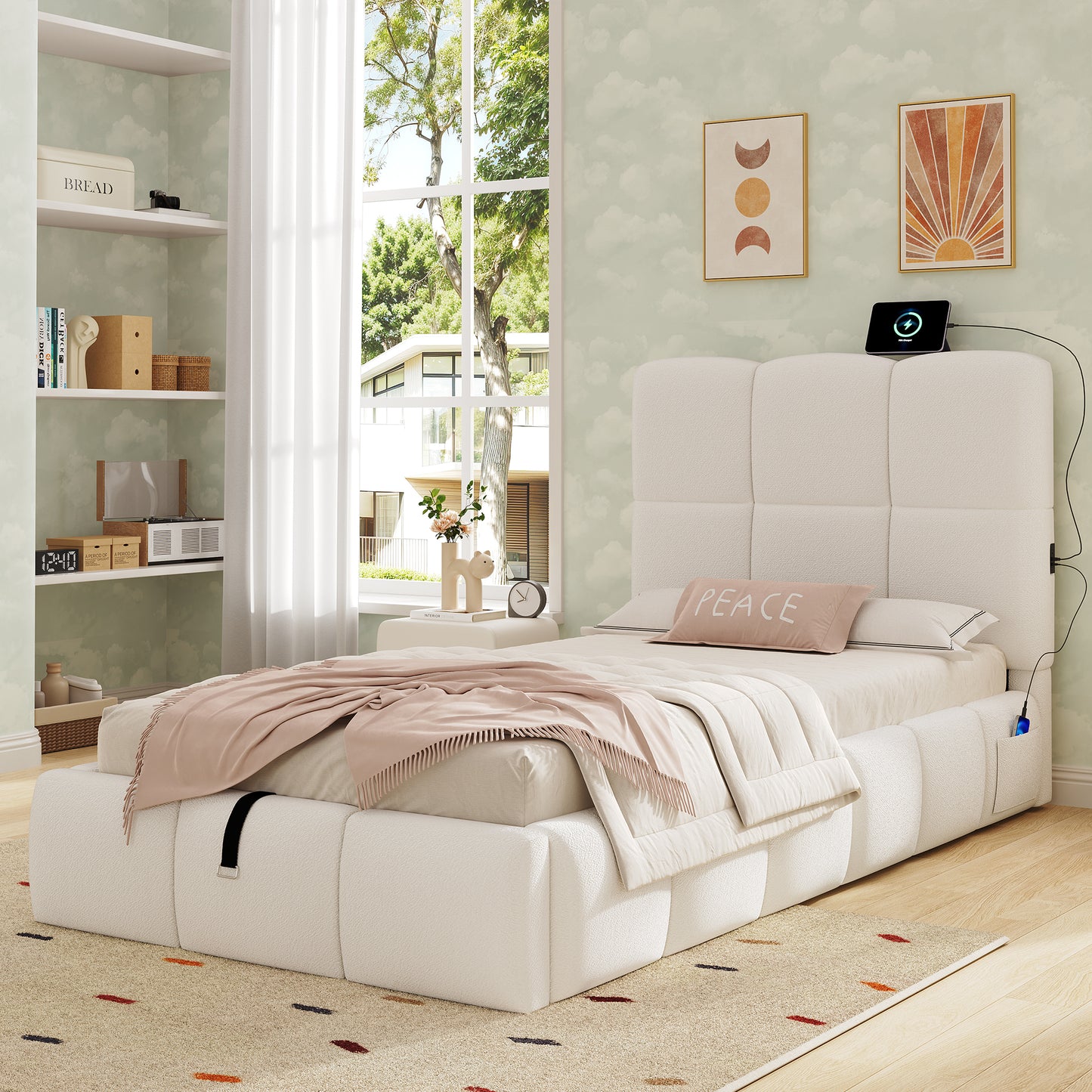 Upholstered Bed, Single Bed, Cot 90 X 200cm, Hydraulic Functional Bed, Bed With Slatted Base, Headboard, Large Storage Space And USB Charging Port, Upholstered Headboard, Boucle, Beige