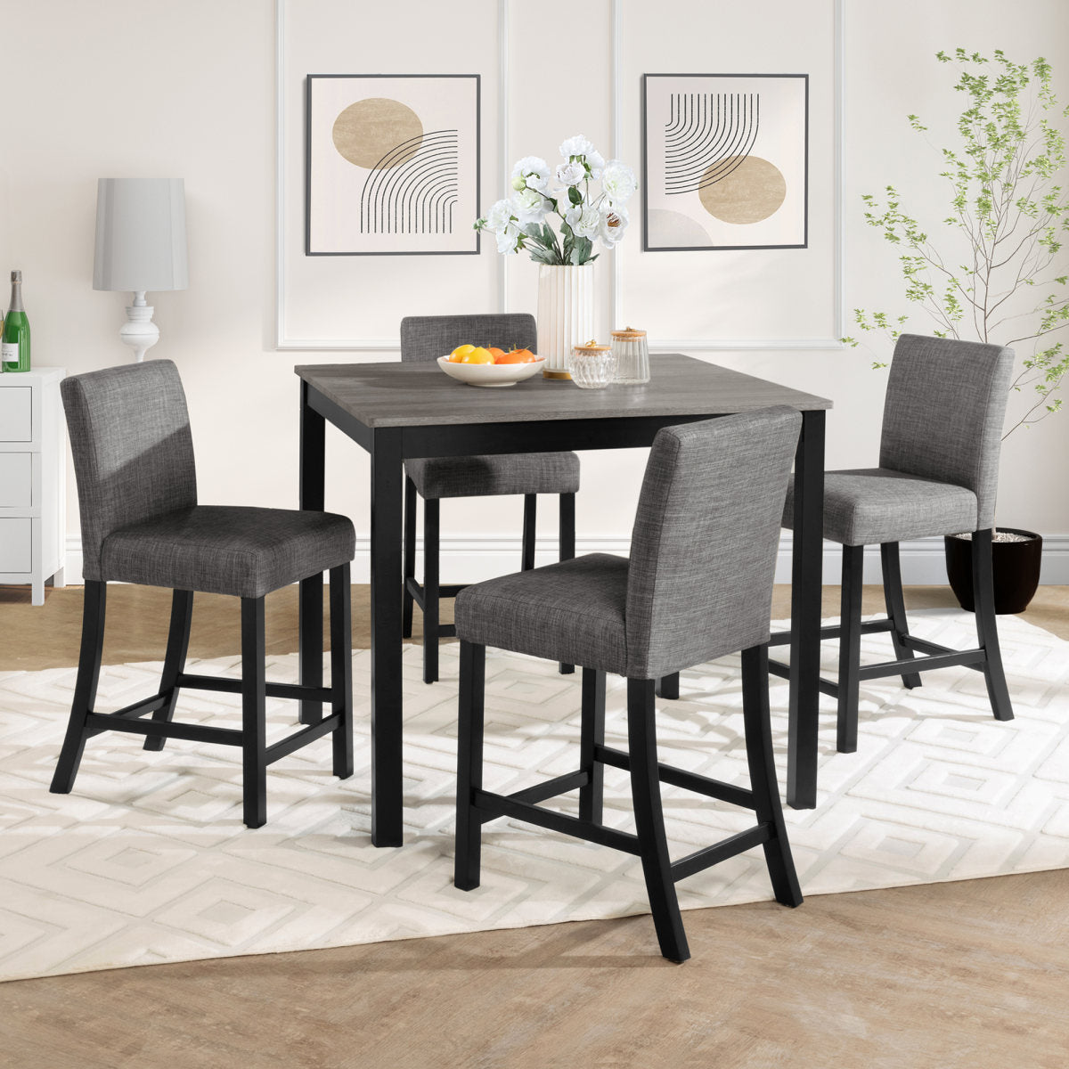 5-Piece Counter Height Table Set with 4 Chairs, Counter Height Table Set for 4 with Chairs, Wooden Counter Height Table Set for Kitchen, Dining Room, Light Grey & Black Two Tone