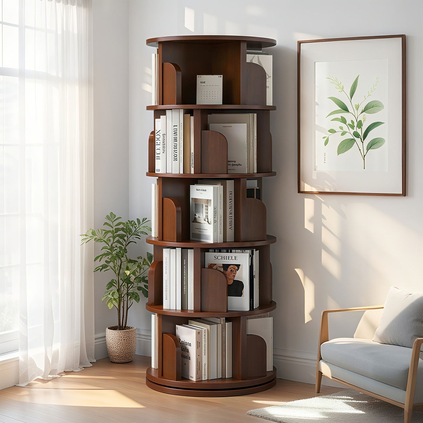 5 Tier Rotating Bookshelf, 360 Display Round Spinning Bookshelf, Space-Saving, Small Space Rotating Bookshelf Tower For Bedroom, Living Room, Home, Office, Walnut
