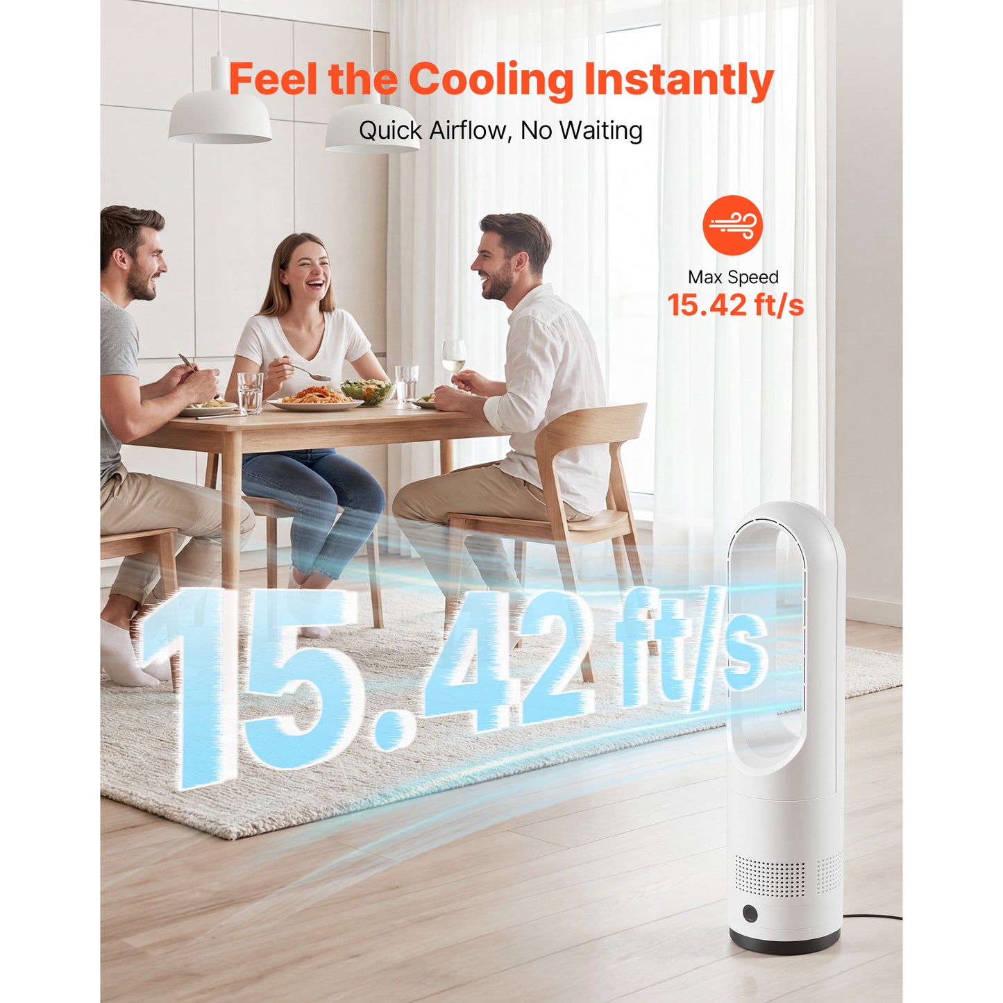 Bladeless Tower Fan, 80 Oscillating Standing Fan, 8 Speeds & 9-Hour Timer, 15.42 Ft High Velocity Floor Air Circulator, Powerful Airflow With Remote For Bedroom, Living Room, Home, Office,White
