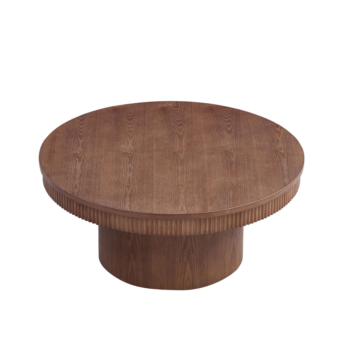 35.43 Inch Walnut Round Coffee Table With Solid Wood Ribbed Wave Trim,MDF Wood Veneer Table For Living Room,Apartment,Office