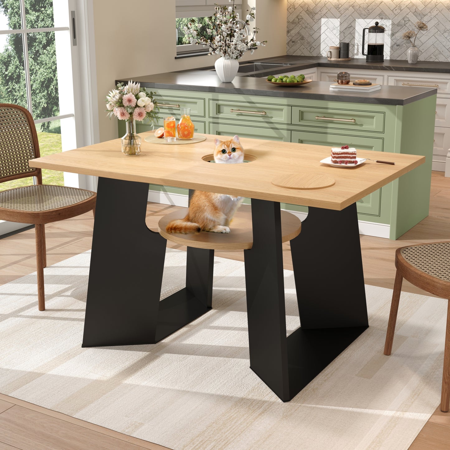 Pet-friendly Dining Room Kitchen Table With Pet Area & Storage Rack, Rectangular For 6 People 130X85X75 Cm , Natural Wood-black Mix